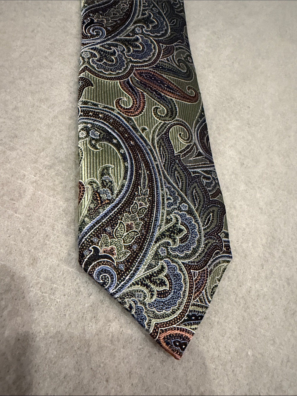 Green Paisley Silk Tie with Blue and Brown Accents